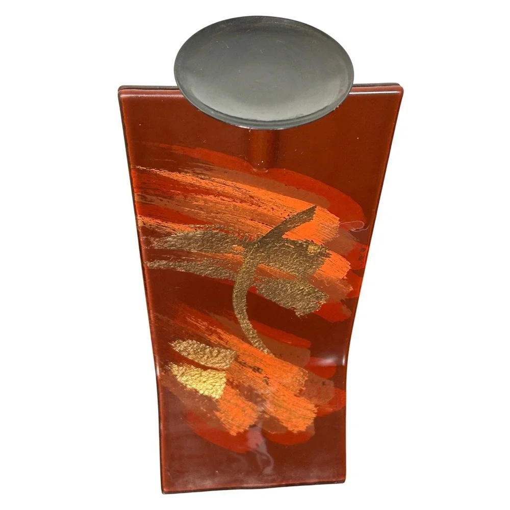 Candle Holder Modern Abstract Art Brown Gold Orange Brushstroke Unique Decor